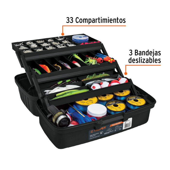 Caja para pesca de 16' con 3 bandejas deslizables, Truper 10539 CPE-16N