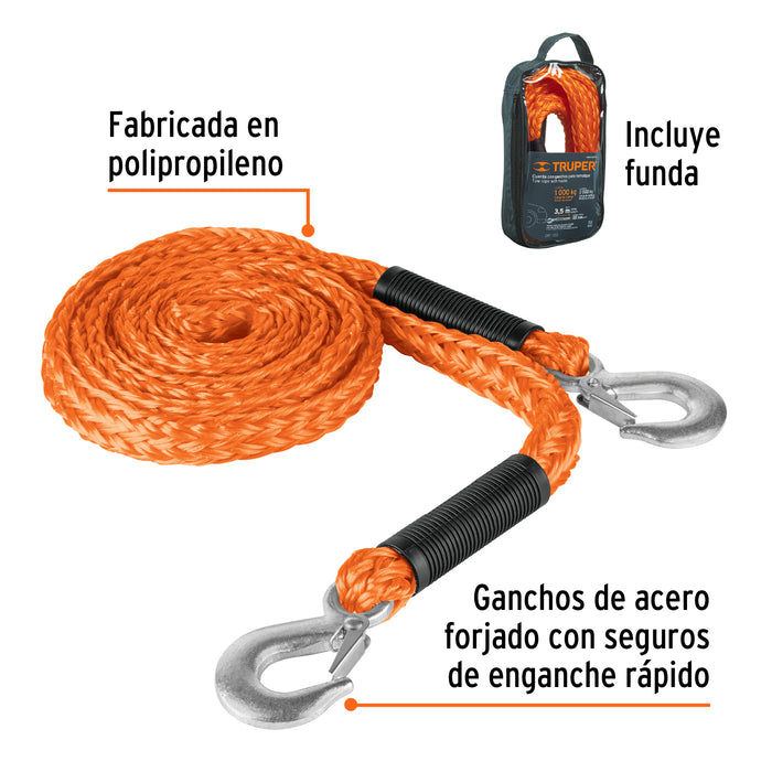 Cuerda con ganchos para remolque, 22 mm x 3.5 m, Truper Código: 18345