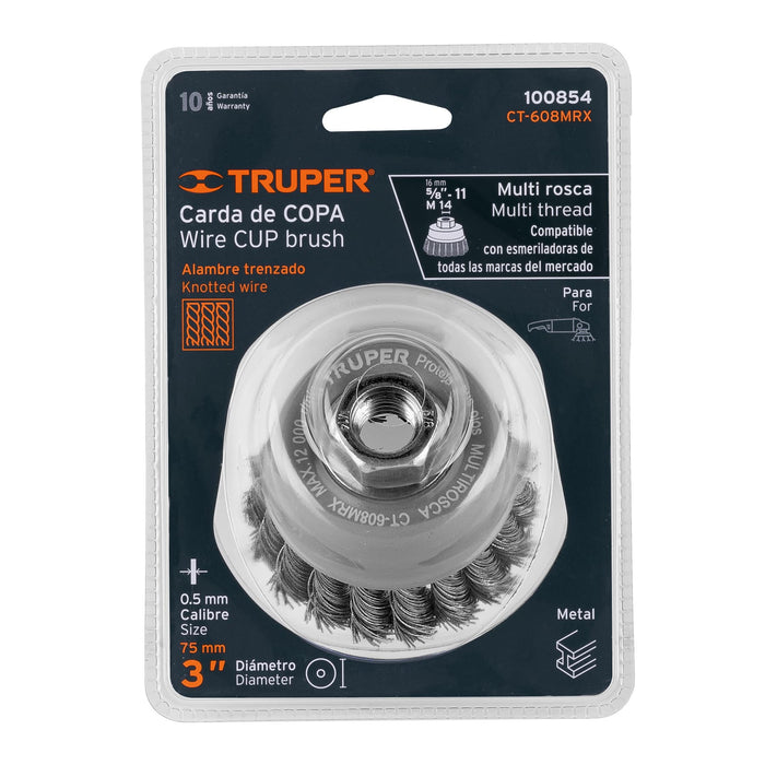 Carda copa 3' alambre trenzado grueso, Multi-rosca, Truper 100854 CT-608MRX