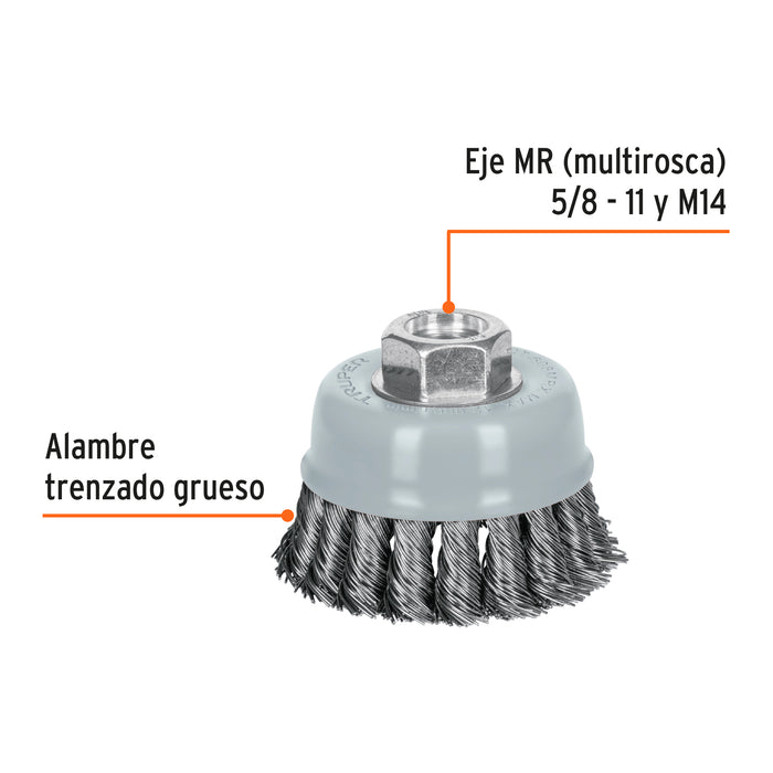 Carda copa 3' alambre trenzado fino, Multi-rosca, Truper 100851 CT-608MR