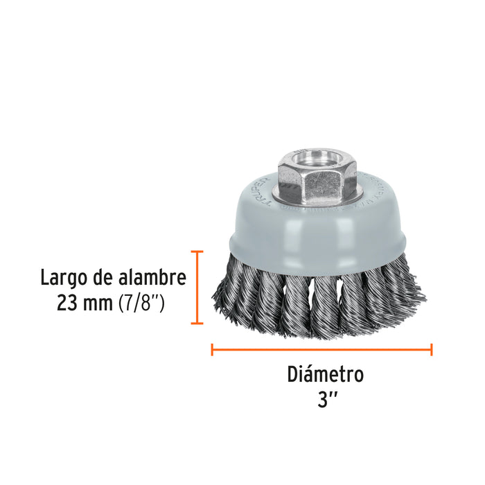 Carda copa 3' alambre trenzado grueso, Multi-rosca, Truper 100854 CT-608MRX