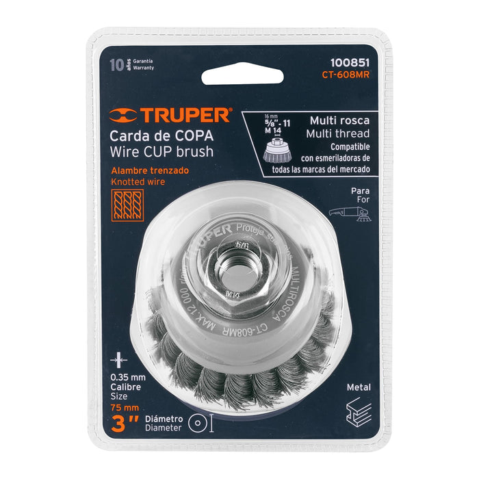 Carda copa 3' alambre trenzado fino, Multi-rosca, Truper 100851 CT-608MR
