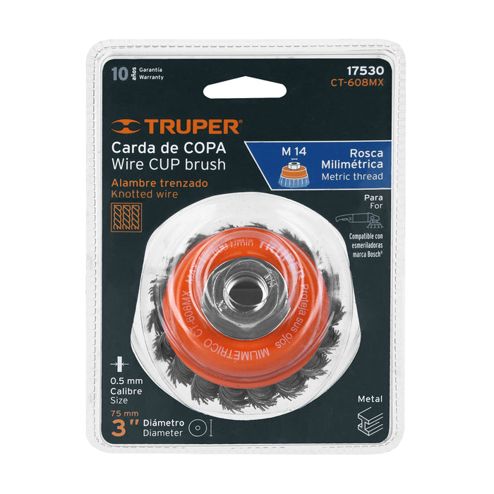 Carda copa 3' alambre trenzado grueso, eje M14, Truper 17530 CT-608MX