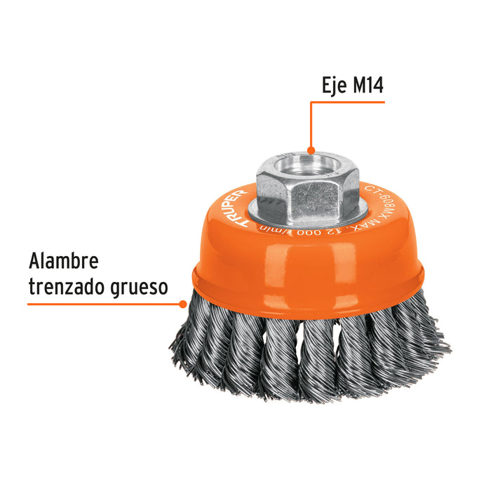 Carda copa 3' alambre trenzado grueso, eje M14, Truper 17530 CT-608MX
