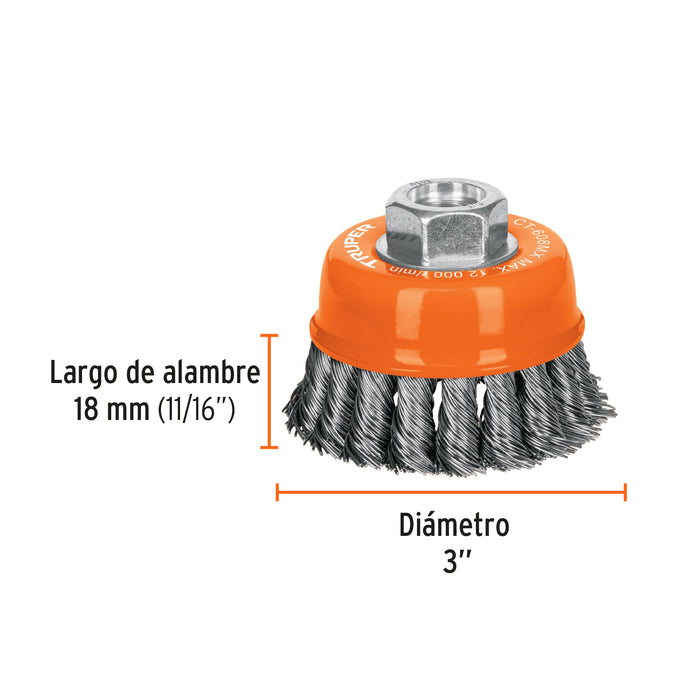 Carda copa 3' alambre trenzado grueso, eje M14, Truper 17530 CT-608MX