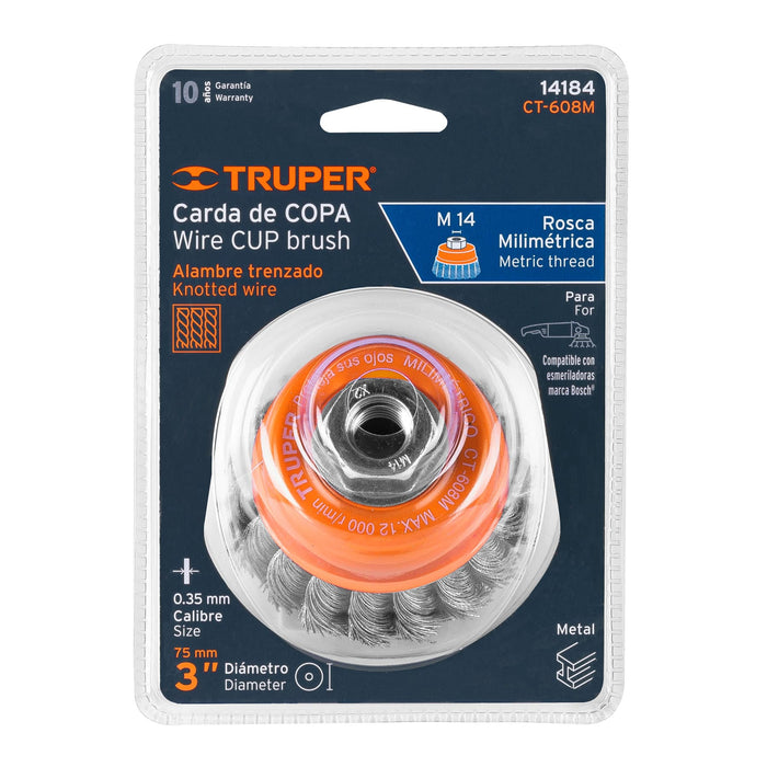 Carda copa 3' alambre trenzado fino, eje 5/8'-11, Truper 14186 CT-608