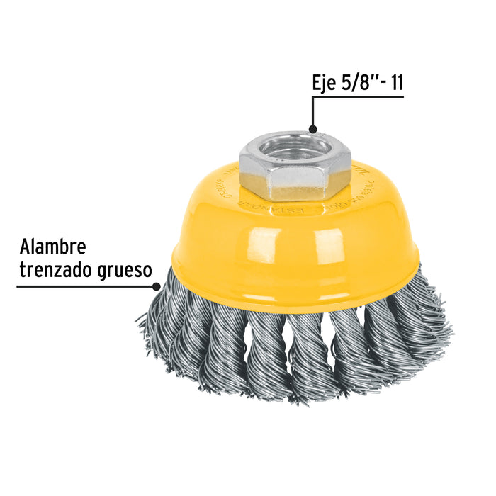 Carda copa 3' alambre trenzado grueso, eje 5/8'-11, Truper 17529 CT-608X