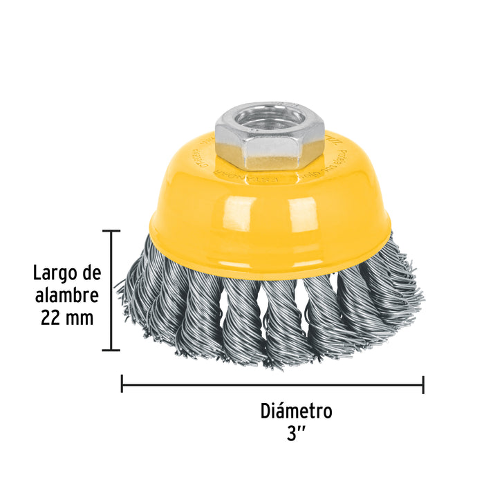 Carda copa 3' alambre trenzado grueso, eje 5/8'-11, Truper 17529 CT-608X