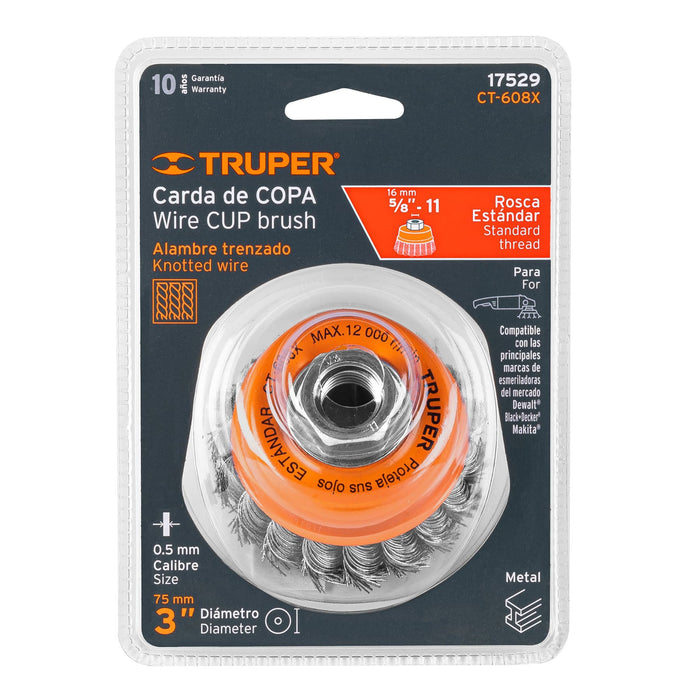 Carda copa 3' alambre trenzado grueso, eje 5/8'-11, Truper 17529 CT-608X