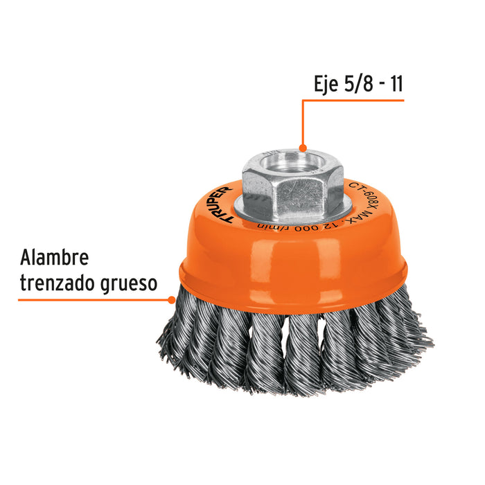 Carda copa 3' alambre trenzado grueso, eje 5/8'-11, Truper 17529 CT-608X