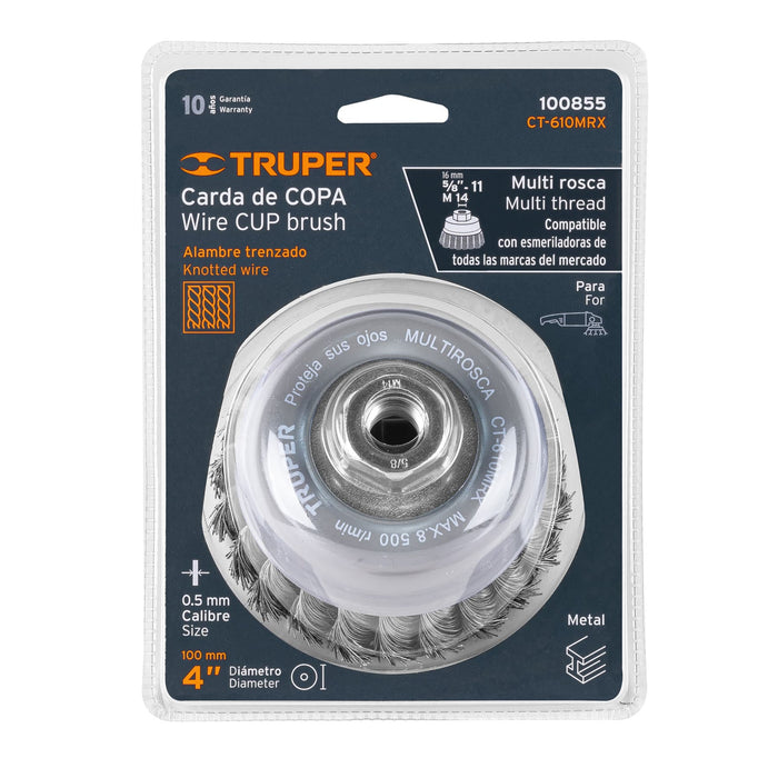 Carda copa 4' alambre trenzado grueso, Multi-rosca, Truper 100855 CT-610MRX