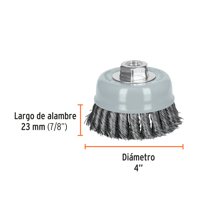 Carda copa 4' alambre trenzado grueso, Multi-rosca, Truper 100855 CT-610MRX