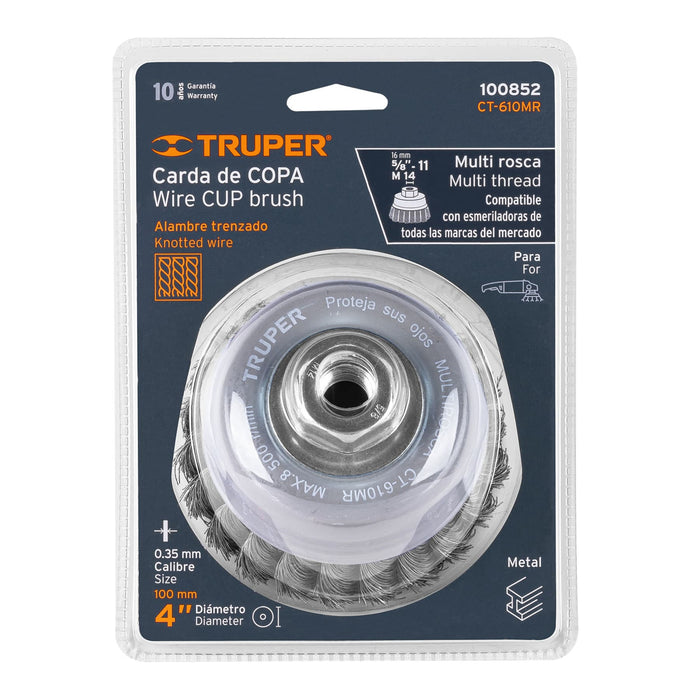Carda copa 4' alambre trenzado fino, Multi-rosca, Truper 100852 CT-610MR