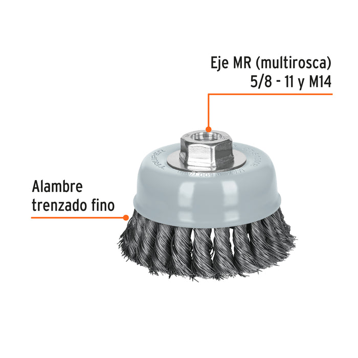 Carda copa 4' alambre trenzado fino, Multi-rosca, Truper 100852 CT-610MR