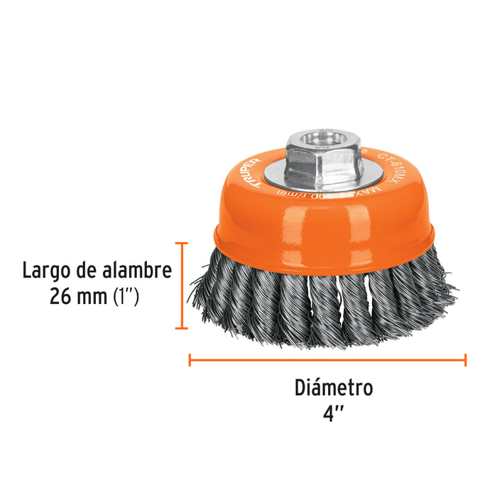 Carda copa 4' alambre trenzado grueso, eje M14, Truper 17532 CT-610MX