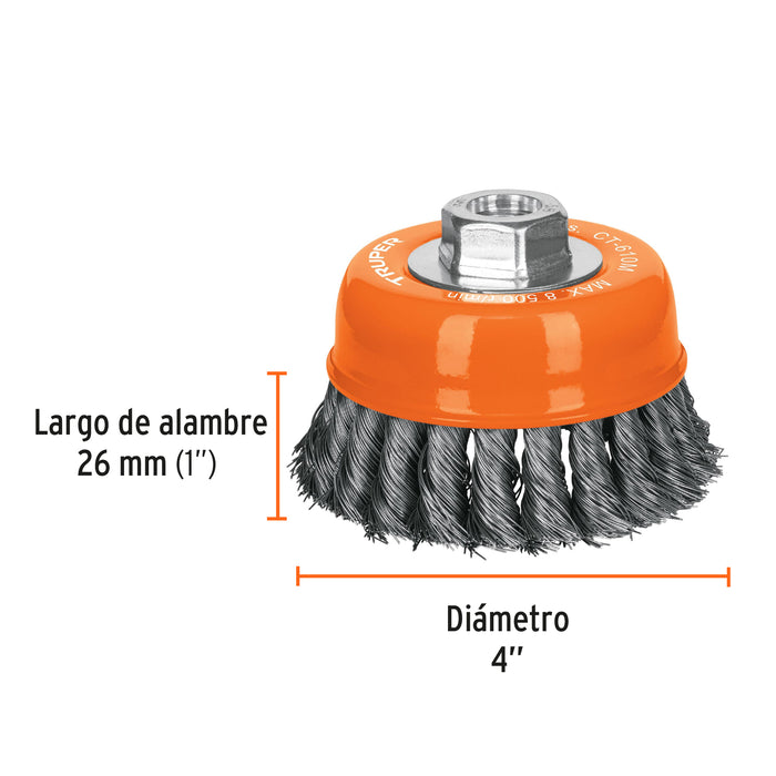Carda copa 4' alambre trenzado fino, eje M14, Truper 14185 CT-610M