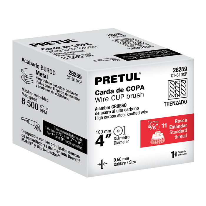 Carda copa 4' alambre trenzado grueso, eje 5/8'-11, Truper 17531 CT-610X