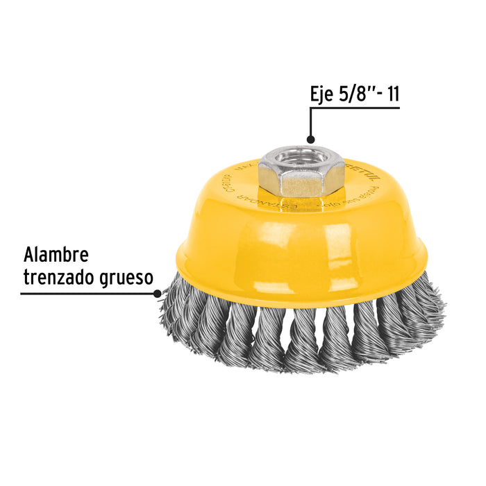 Carda copa 4' alambre trenzado grueso, eje 5/8'-11, Pretul 28259 CT-610XP