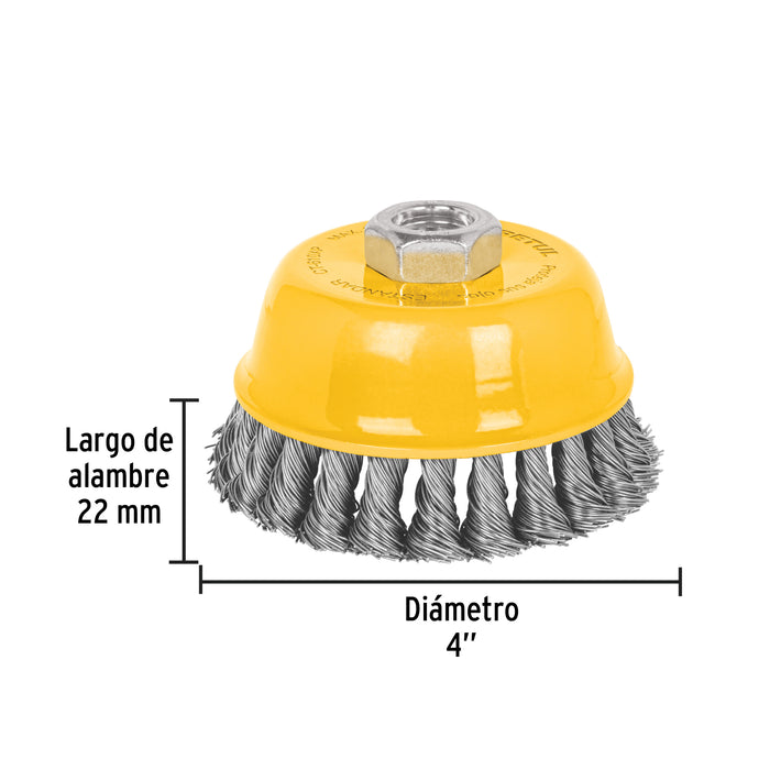 Carda copa 4' alambre trenzado grueso, eje 5/8'-11, Truper 17531 CT-610X