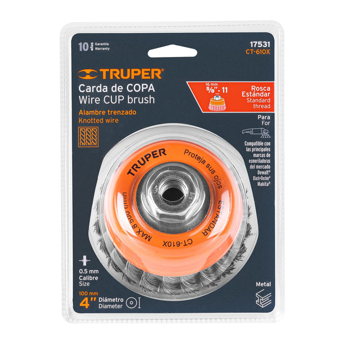 Carda copa 4' alambre trenzado grueso, eje 5/8'-11, Truper 17531 CT-610X