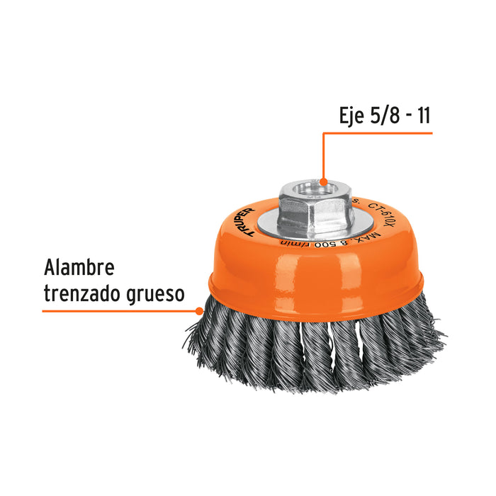 Carda copa 4' alambre trenzado grueso, eje 5/8'-11, Truper 17531 CT-610X