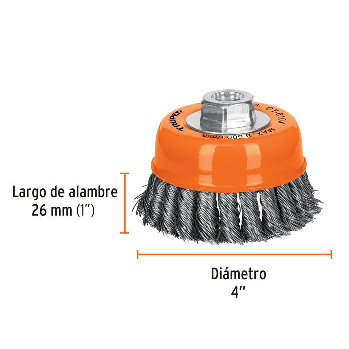 Carda copa 4' alambre trenzado grueso, eje 5/8'-11, Truper 17531 CT-610X