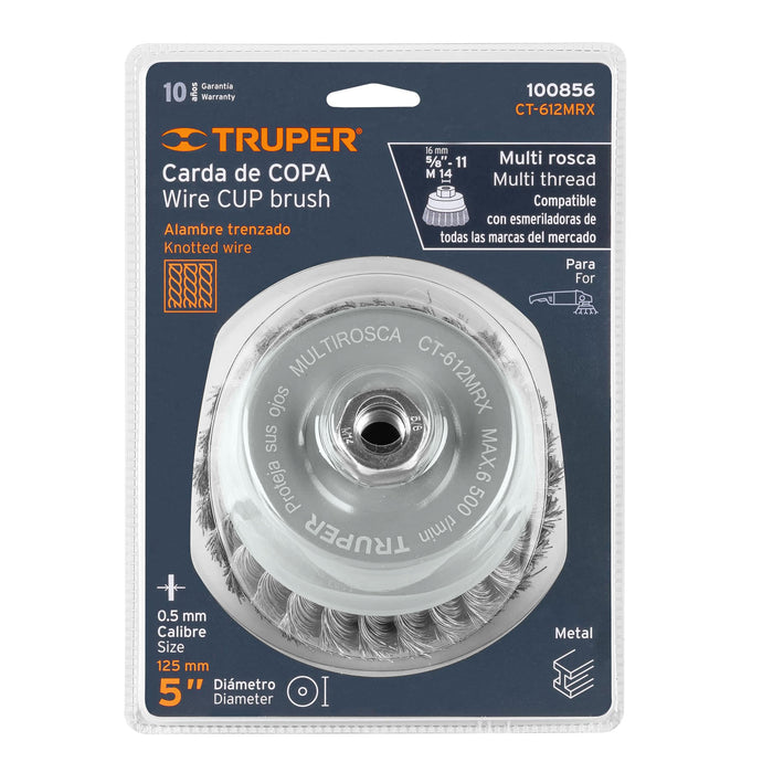 Carda copa 5' alambre trenzado fino, Multi-rosca, Truper 100853 CT-612MR