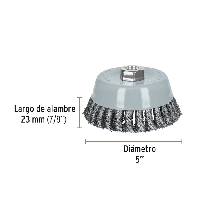 Carda copa 5' alambre trenzado grueso, Multi-rosca, Truper 100856 CT-612MRX