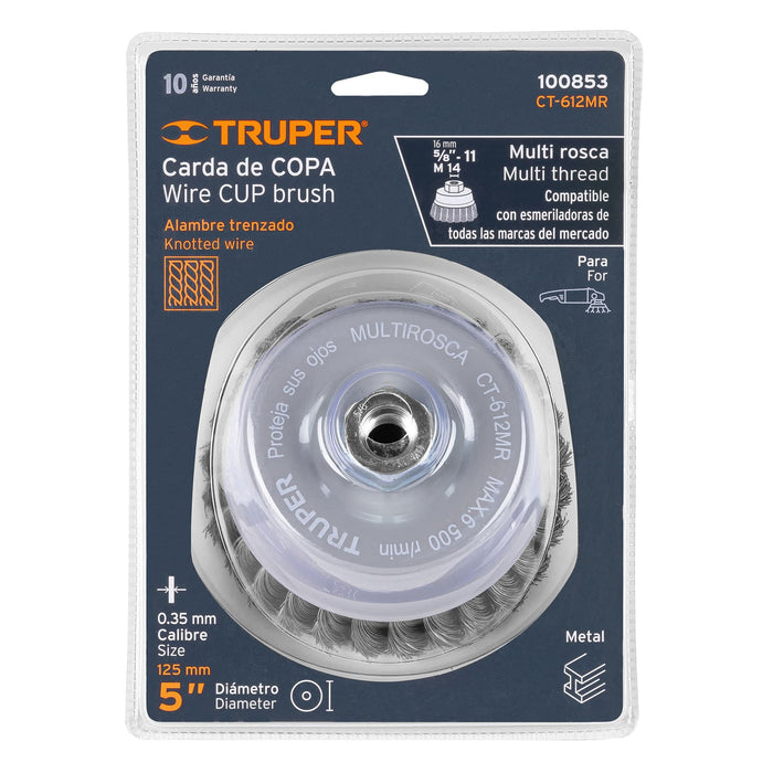 Carda copa 5' alambre trenzado fino, Multi-rosca, Truper 100853 CT-612MR