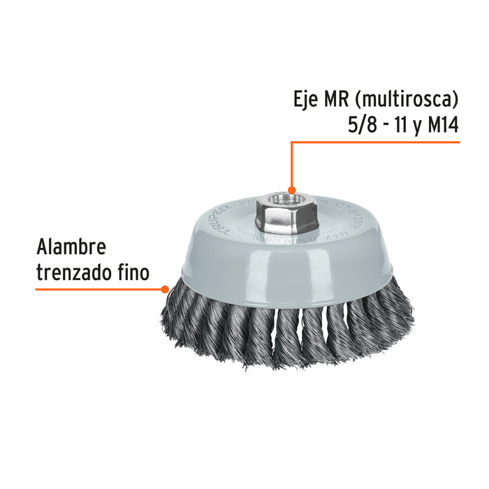 Carda copa 5' alambre trenzado fino, Multi-rosca, Truper 100853 CT-612MR