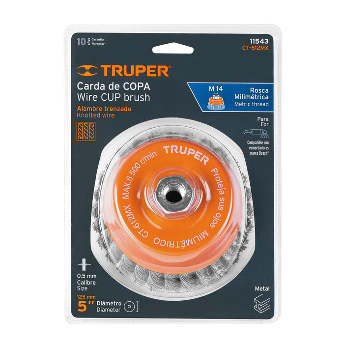 Carda copa 5' alambre trenzado grueso, eje M14, Truper 11543 CT-612MX