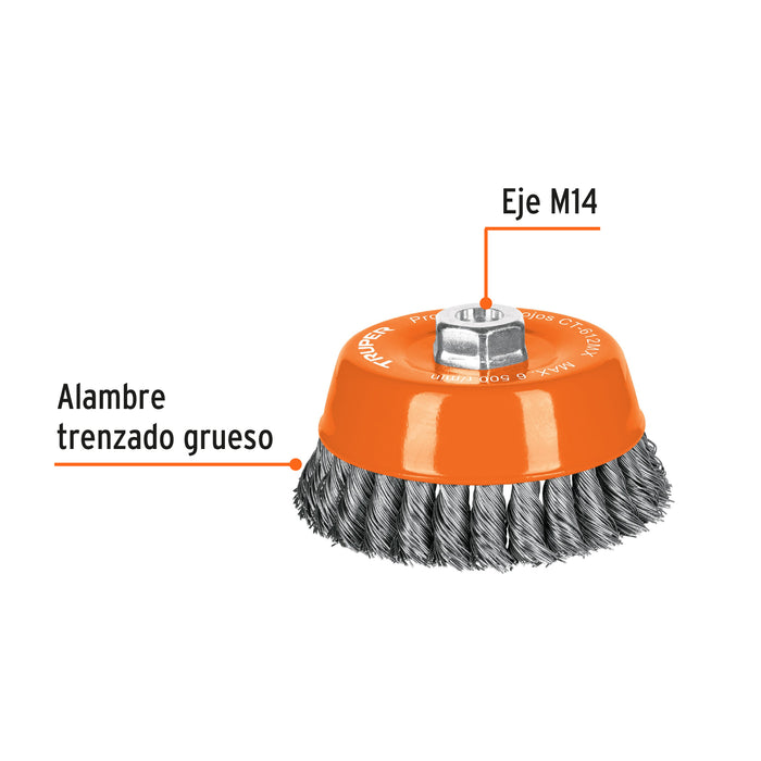 Carda copa 5' alambre trenzado grueso, eje M14, Truper 11543 CT-612MX