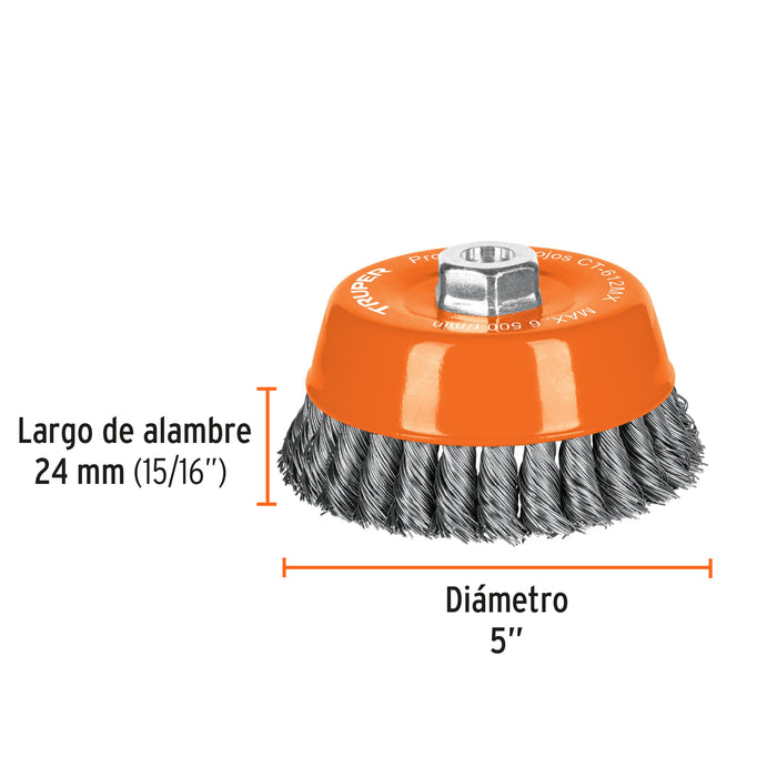Carda copa 5' alambre trenzado grueso, eje M14, Truper 11543 CT-612MX