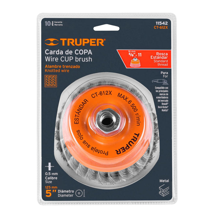 Carda copa 5' alambre trenzado grueso, eje 5/8'-11, Truper 11542 CT-612X