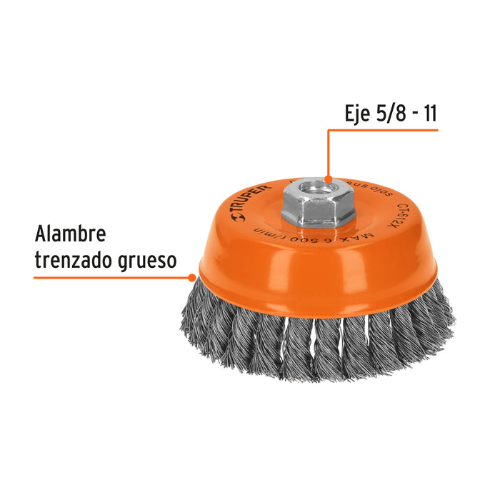 Carda copa 5' alambre trenzado grueso, eje 5/8'-11, Truper 11542 CT-612X