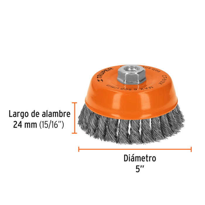 Carda copa 5' alambre trenzado grueso, eje 5/8'-11, Truper 11542 CT-612X