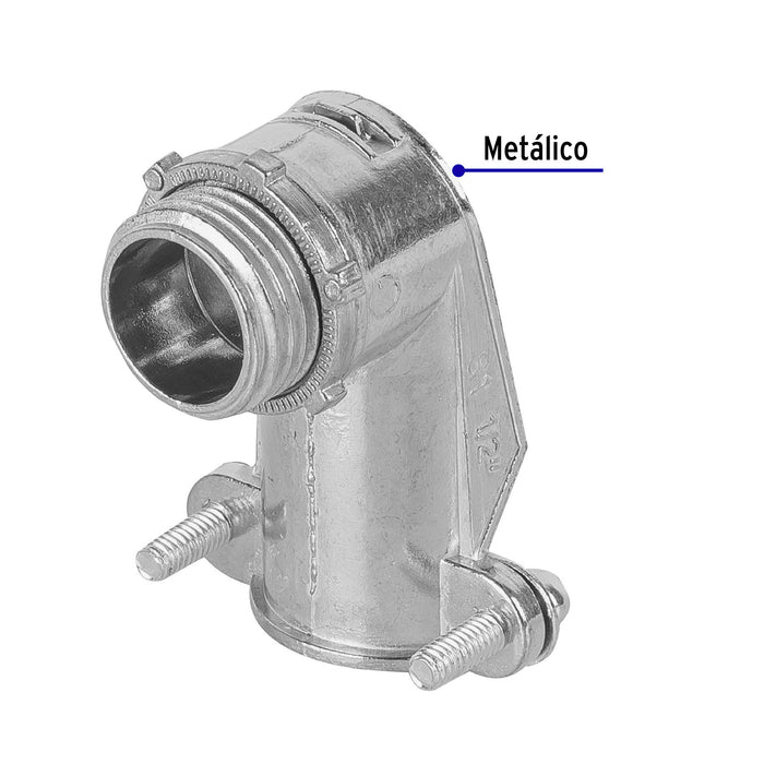 Conector curvo 1/2' para tubo flexible metálico, Volteck 47343