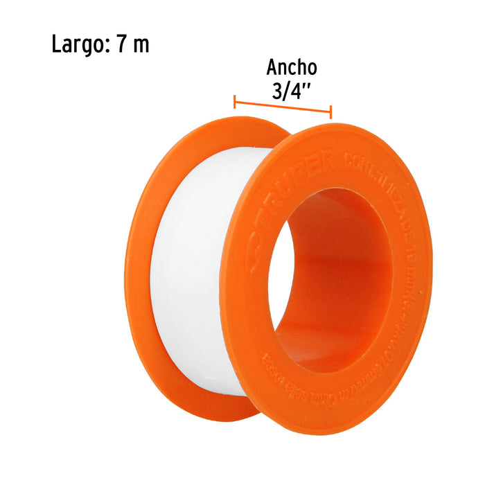Cinta sella roscas 3/4' X 7 m de largo, uso general, Truper Código: 12521