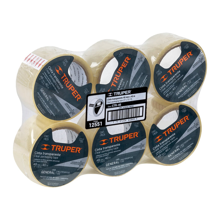 Cinta de empaque 48 mm x 40 m transparente, Truper 12551 CTR-40
