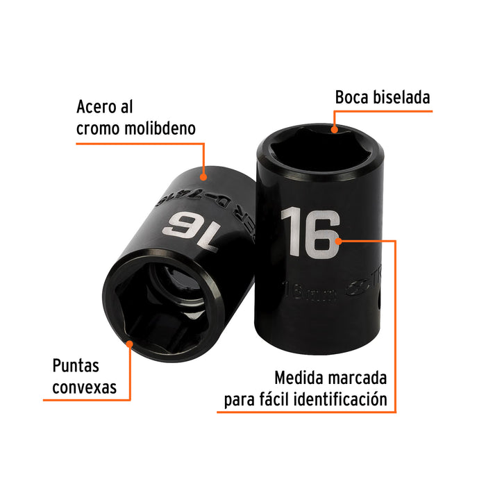 Dado cuadro 1/2' de impacto 6 puntas de 16 mm, Truper 12416 D-7416-M