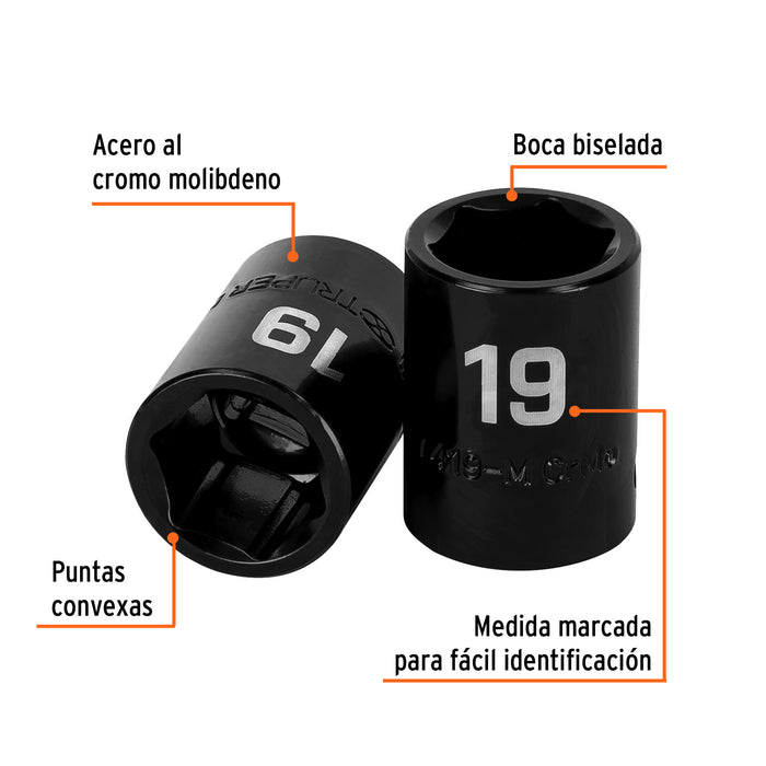 Dado cuadro 1/2' de impacto 6 puntas de 19 mm, Truper 12419 D-7419-M