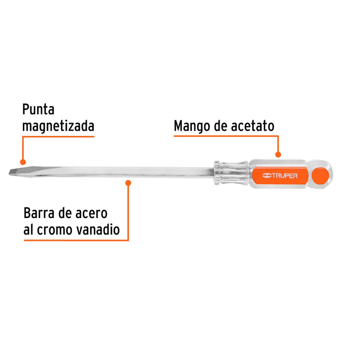 Desarmador plano 3/8 x 8' barra cuadrada mango acetato Código: 14110
