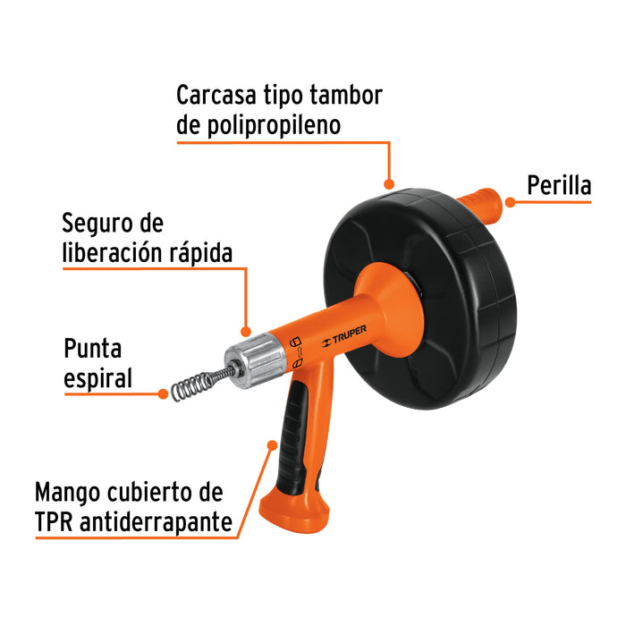 Destapacaños de 7.6 m para taladro, con mango, Truper 12280 DECA-25X