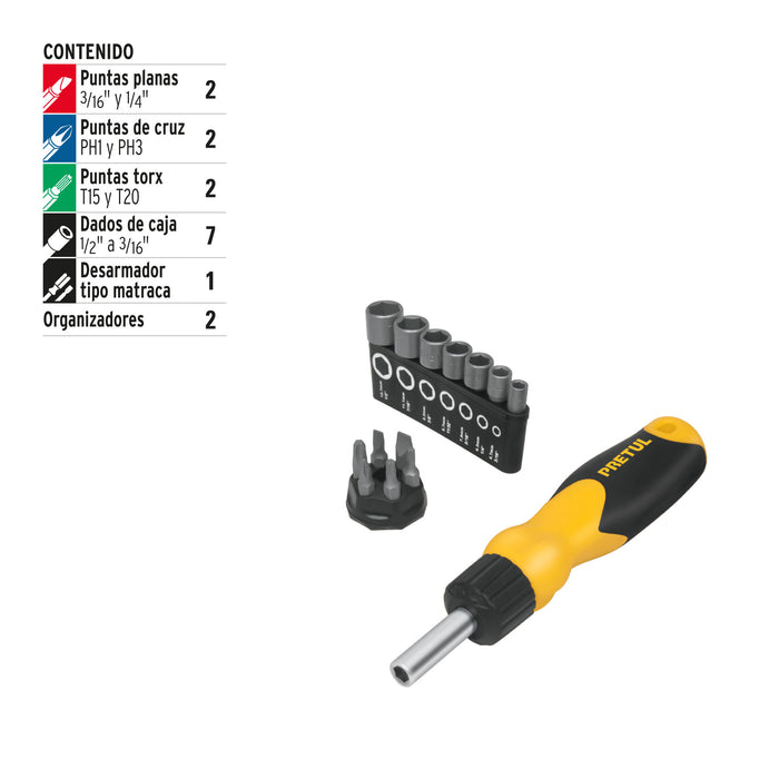 Desarmador tipo matraca con 6 puntas y 7 dados, Pretul 22974 DES-14P