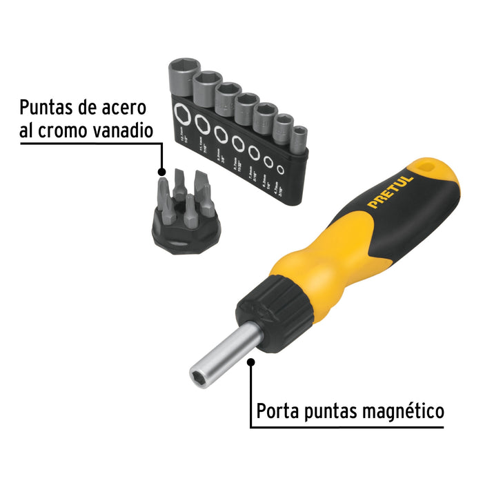 Desarmador tipo matraca con 6 puntas y 7 dados, Pretul 22974 DES-14P