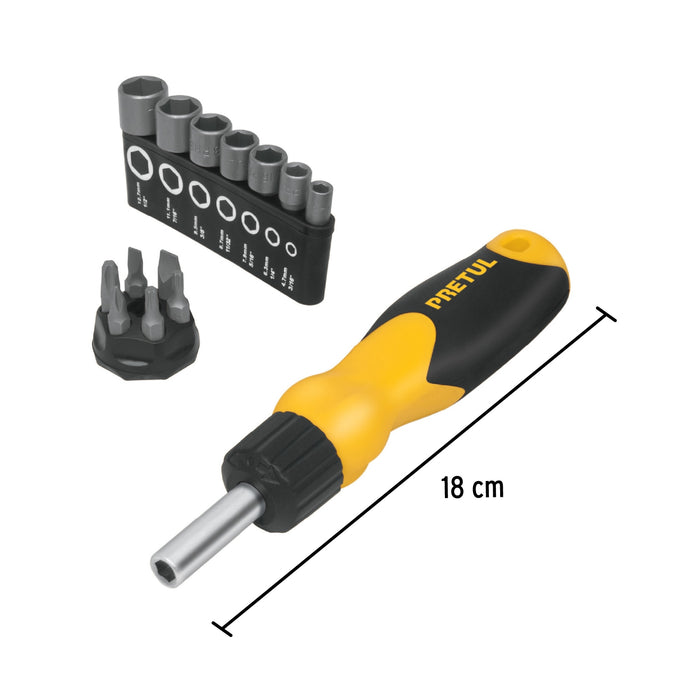 Desarmador tipo matraca con 6 puntas y 7 dados, Pretul 22974 DES-14P