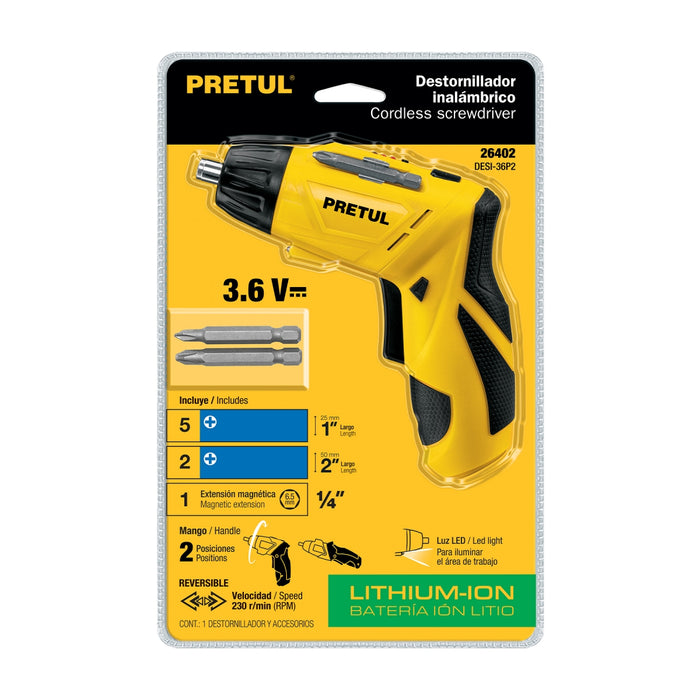 Destornillador inalámbrico de dos posiciones 3.6 V, Pretul 26402 DESI-36P2