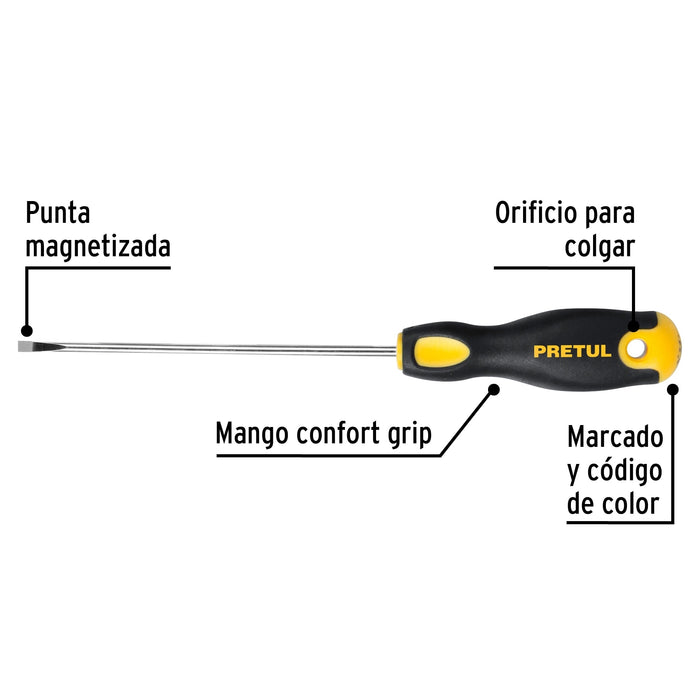 Desarmador cabinet 1/8 x 4' mango Comfort Grip, Pretul 21486