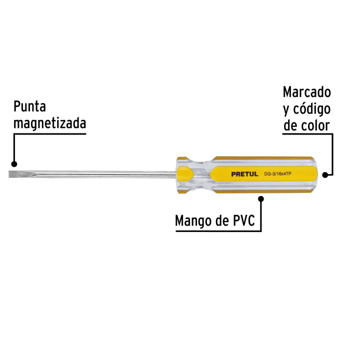 Desarmador cabinet 3/16 x 4' mango de PVC, Pretul 21467