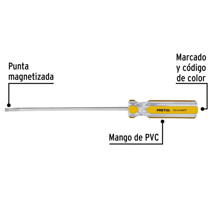 Desarmador cabinet 3/16 x 6' mango de PVC, Pretul 21468